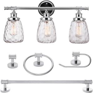 imageGlobe Electric 51416 Lauzon 5Piece AllinOne Bathroom Set 3 Vanity Light with Watered Shades Bar Towel Ring Robe Hook Toilet Paper Holder Chrome with Wattered GlassChrome  Watered Glass