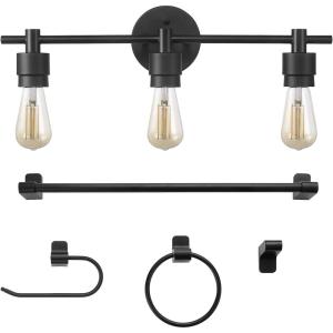 imageGlobe Electric 51563 5Piece Bathroom Accessory Set with Vanity Matte Brass 3Light Vanity Light Fixture Towel Bar Towel Ring Robe Hook Toilet Paper Holder Home Dcor Bulb Not IncludedMatte Black  Alexandria 5Piece