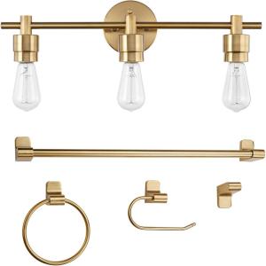 imageGlobe Electric 51563 5Piece Bathroom Accessory Set with Vanity Matte Brass 3Light Vanity Light Fixture Towel Bar Towel Ring Robe Hook Toilet Paper Holder Home Dcor Bulb Not IncludedBrass  Alexandria