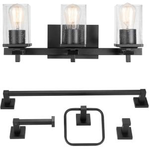 imageGlobe Electric 59221 Finn 5Piece AllinOne Bath Set 3Light Vanity Bar Towel Ring Robe Hook Toilet Paper Holder Polished ChromeBlack 3light