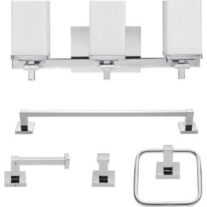 imageGlobe Electric 59221 Finn 5Piece AllinOne Bath Set 3Light Vanity Bar Towel Ring Robe Hook Toilet Paper Holder Polished ChromeChrome