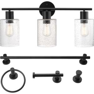 imageGlobe Electric Sydney 5Piece Bathroom Set Matte Gray and Chrome 3Light Vanity Light Towel Bar Towel Ring Robe Hook Toilet Paper HolderMatte Black  Bristol