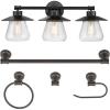 imageGlobe Electric 51496 Nate 5Piece AllinOne Bathroom Set Oil Rubbed Bronze 3 Vanity Light with Clear Glass Shades Bar Towel Ring Robe Hook Toilet Paper Holder