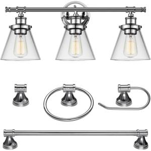 imageGlobe Electric 50192 Parker 5Piece AllInOne Bathroom Set Oil Rubbed Bronze 3Light Vanity Light with Clear Glass Shades Towel Bar Towel Ring Robe Hook Toilet Paper Holder Oilrubbed BronzeChrome  Parker