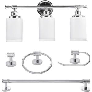 imageGlobe Electric 51414 Freya 5Piece AllinOne Bathroom Set 3 Vanity Light with White Shades Bar Towel Ring Robe Hook Toilet Paper Holder Chrome with Frosted Glass