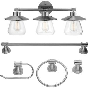 imageGlobe Electric 51495 Nate 5Piece AllinOne Bathroom Set Brushed Steel 3 Vanity Light with Clear Glass Shades Bar Towel Ring Robe Hook Toilet Paper Holder Bulb Not Included