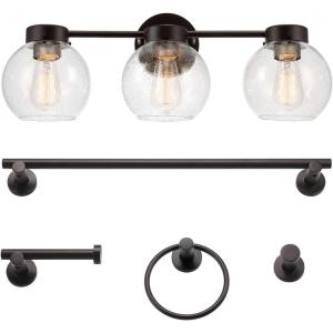 imageGlobe Electric 52055 Cannes 3Light Gold Bathroom Vanity Light Fixtures Modern Wall Lighting with Milk Glass Shades Vanity Lights for Bathroom Brass Bathroom Light fixtures Bulb Not IncludedDark Bronze