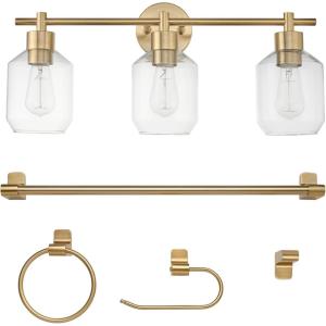 imageGlobe Electric 52055 Cannes 3Light Gold Bathroom Vanity Light Fixtures Modern Wall Lighting with Milk Glass Shades Vanity Lights for Bathroom Brass Bathroom Light fixtures Bulb Not IncludedGold