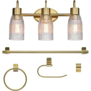 imageGlobe Electric 52055 Cannes 3Light Gold Bathroom Vanity Light Fixtures Modern Wall Lighting with Milk Glass Shades Vanity Lights for Bathroom Brass Bathroom Light fixtures Bulb Not IncludedBlack  Ribbed Shades