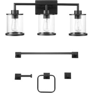 imageGlobe Electric 52059 5Piece AllinOne Bathroom Set Matte Black 3Light Vanity Light with Clear Glass Shades Towel Bar Toilet Paper Holder Towel Ring Robe Hook Bulb Not Included