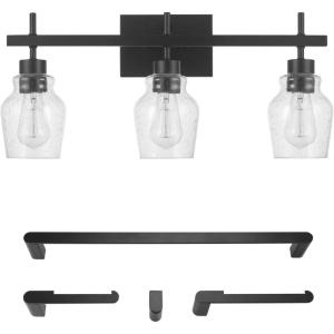 imageGlobe Electric 52063 5Piece AllinOne Bathroom Set Matte Black 3Light Vanity Light with Seeded Glass Shades Towel Bar Towel Ring Robe Hook Toilet Paper Holder Bulb Not Included