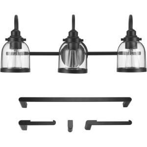 imageGlobe Electric 52064 5Piece AllinOne Bathroom Set Matte Black 3Light Vanity Light with Clear Glass Shades Towel Bar Towel Ring Robe Hook Toilet Paper Holder Bulb Not Included