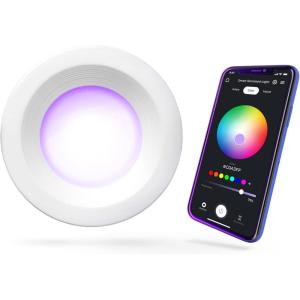 imageGlobe Electric 50078 WiFi Smart 4quot LED Retrofit Recessed Light No Hub Required Voice Activated 10 W Multicolor Changing RGB White 2000K  5000K 600 Lumens GU10 and E26 Adaptors Included5 Inch6 Inch Retrofit