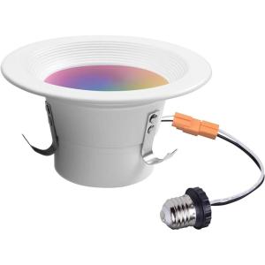 imageGlobe Electric 50078 WiFi Smart 4quot LED Retrofit Recessed Light No Hub Required Voice Activated 10 W Multicolor Changing RGB White 2000K  5000K 600 Lumens GU10 and E26 Adaptors Included4 Inch Retrofit