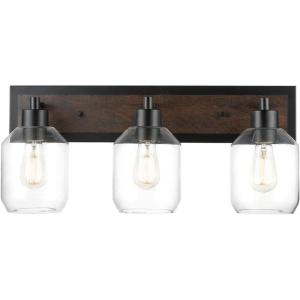 imageGlobe Electric Williamsburg 3Light Vanity Light Matte Black Faux Wood Accent Clear Glass Shades