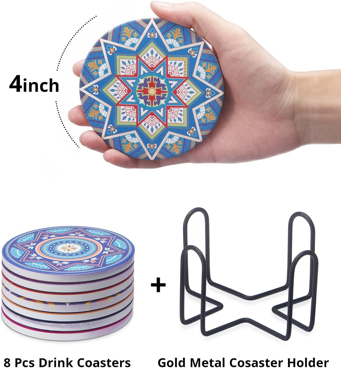 LIFVER Drinks Coasters Set of 8 Mandala Style Ceramic Coasters with Holder 4 Inches Coasters for Drinks with Cork Base Great Colorful Decor Ideal Thanksgiving and Housewarming Gifts