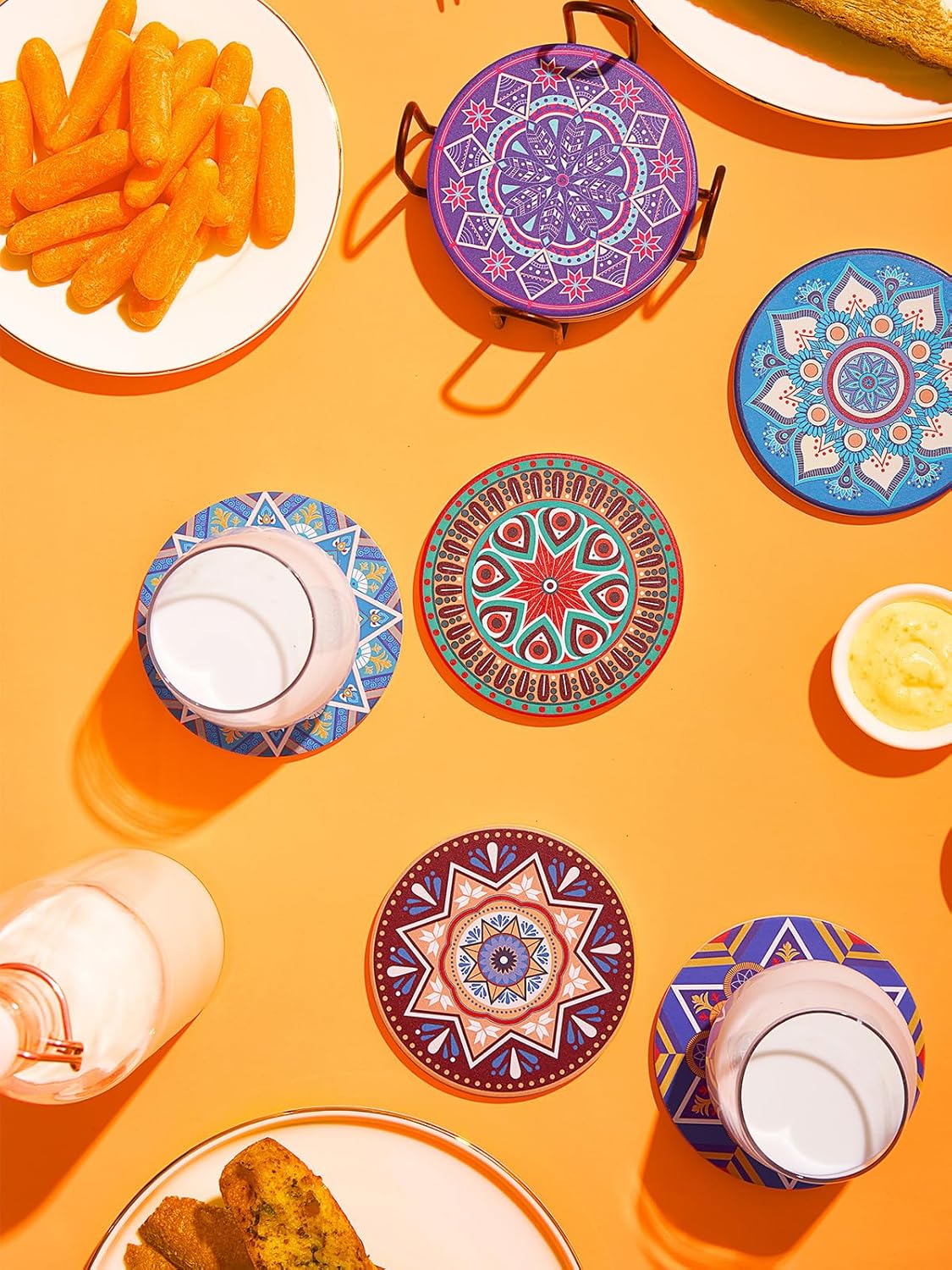 LIFVER Drinks Coasters Set of 8 Mandala Style Ceramic Coasters with Holder 4 Inches Coasters for Drinks with Cork Base Great Colorful Decor Ideal Thanksgiving and Housewarming Gifts