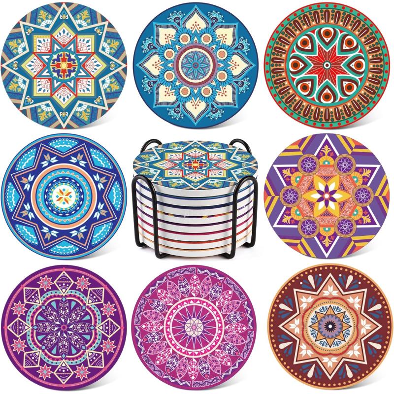 LIFVER Drinks Coasters Set of 8 Mandala Style Ceramic Coasters with Holder 4 Inches Coasters for Drinks with Cork Base Great Colorful Decor Ideal Thanksgiving and Housewarming Gifts