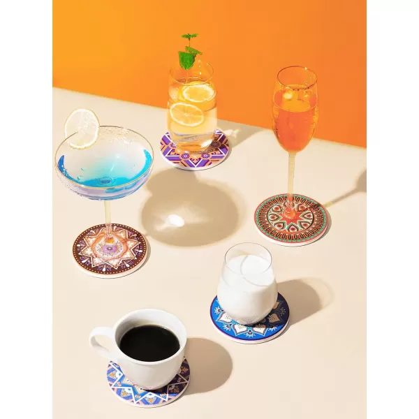 LIFVER Drinks Coasters Set of 8 Mandala Style Ceramic Coasters with Holder 4 Inches Coasters for Drinks with Cork Base Great Colorful Decor Ideal Thanksgiving and Housewarming Gifts