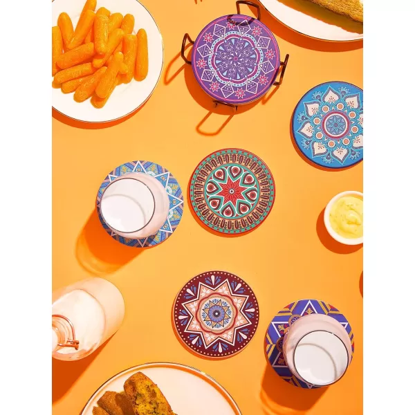 LIFVER Drinks Coasters Set of 8 Mandala Style Ceramic Coasters with Holder 4 Inches Coasters for Drinks with Cork Base Great Colorful Decor Ideal Thanksgiving and Housewarming Gifts