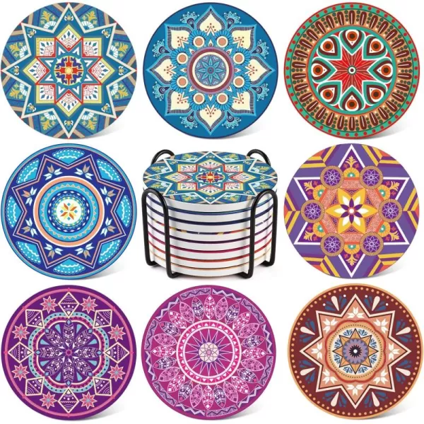 LIFVER Drinks Coasters Set of 8 Mandala Style Ceramic Coasters with Holder 4 Inches Coasters for Drinks with Cork Base Great Colorful Decor Ideal Thanksgiving and Housewarming Gifts