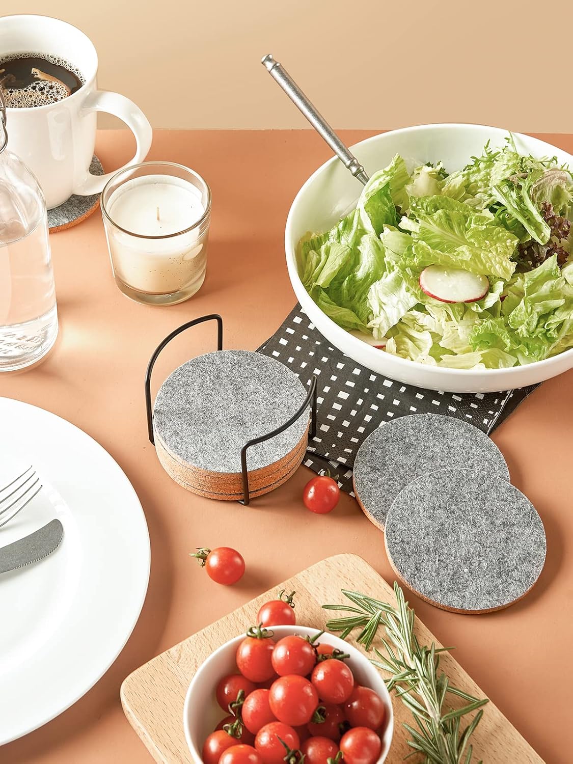 LIFVER Felt Coasters for Dining Table Absorbent Outdoor Coasters for Drinks Furniture Colorful Coasters with Holder for Tabletop Protection Coffee Table Home Decor Housewarming Gifts Set of 8Gray