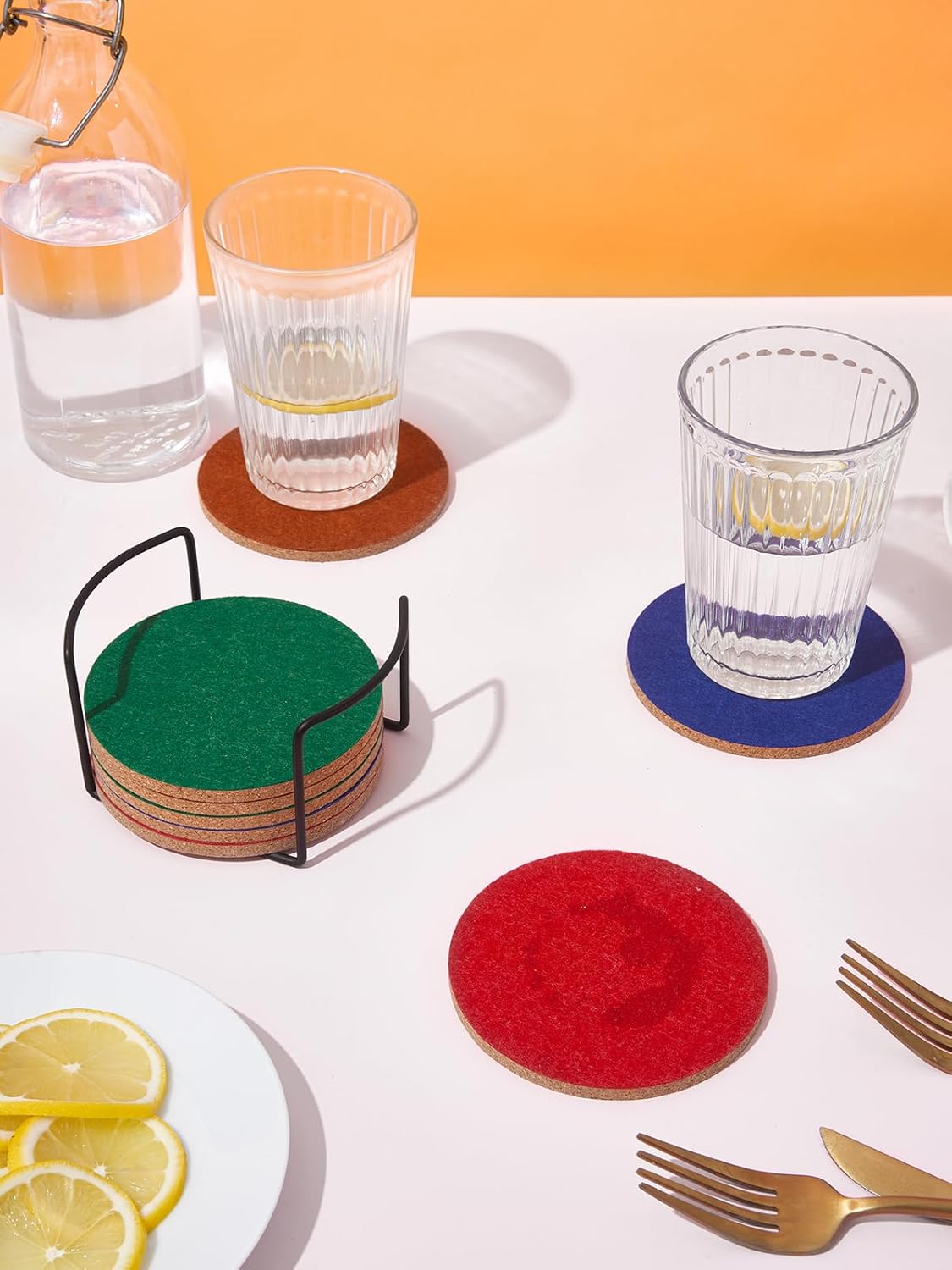 LIFVER Felt Coasters for Dining Table Absorbent Outdoor Coasters for Drinks Furniture Colorful Coasters with Holder for Tabletop Protection Coffee Table Home Decor Housewarming Gifts Set of 8Colorful