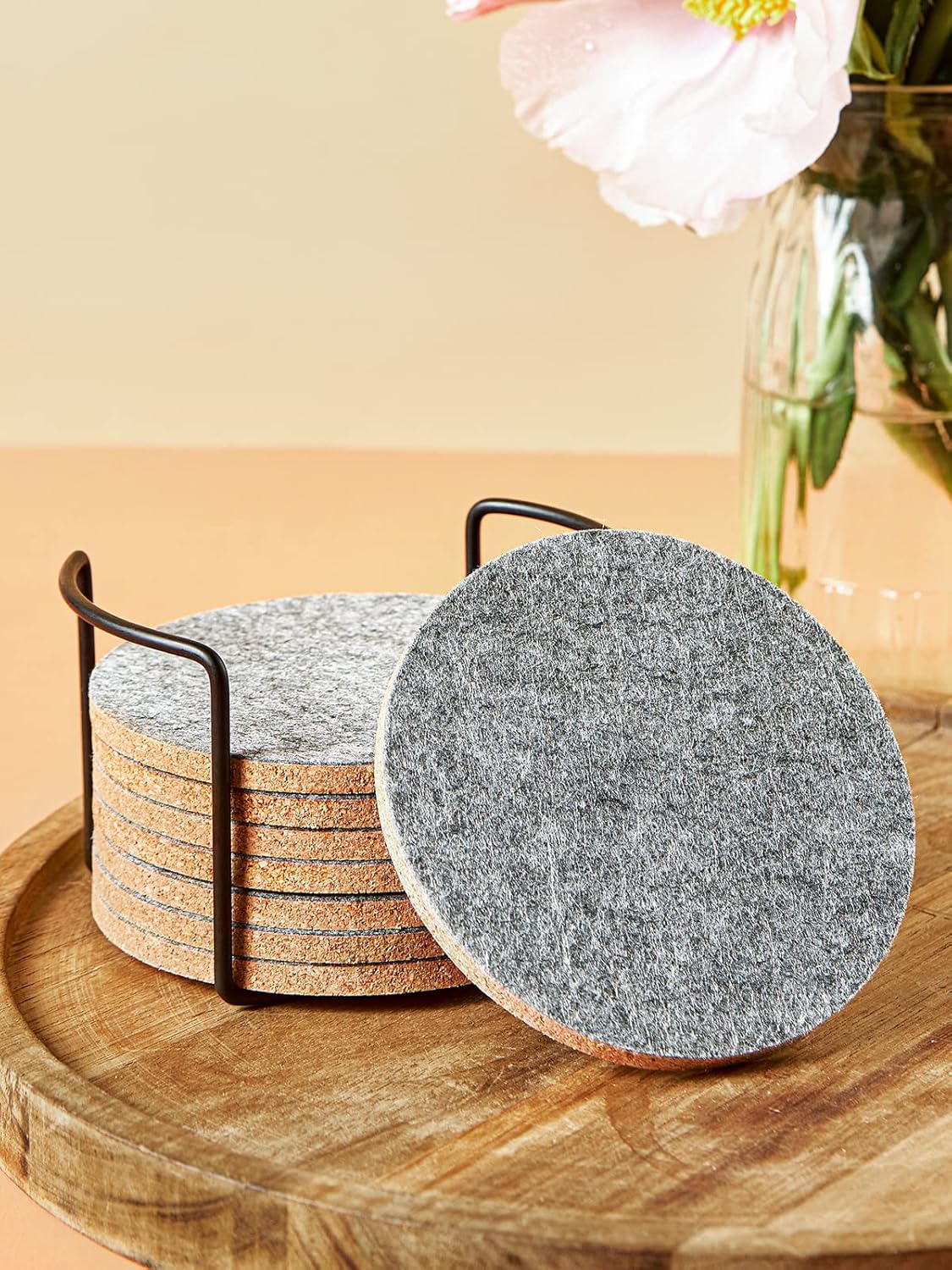 LIFVER Felt Coasters for Dining Table Absorbent Outdoor Coasters for Drinks Furniture Colorful Coasters with Holder for Tabletop Protection Coffee Table Home Decor Housewarming Gifts Set of 8Gray
