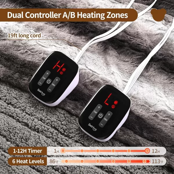 Bearhug Electric Blanket King Size 100quot x 90quot Dual Controller Heated Blanket Warm Faux Fur ampamp Soft Sherpa 10Heat Levels ampamp 112H Auto Off OverHeat Protect ETL Machine WashableWavy Grey