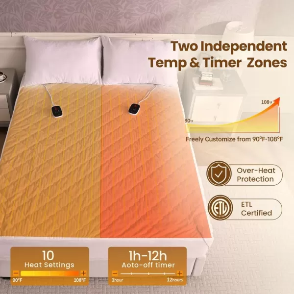 Bearhug Electric Heated Mattress Pads King Size Dual Controllers 7880 Waterproof Bed Warmer 21 Deep Pocket 10 Heat Settings 12Hour Timer Machine Washable WhiteWhite Waterproof Fabric