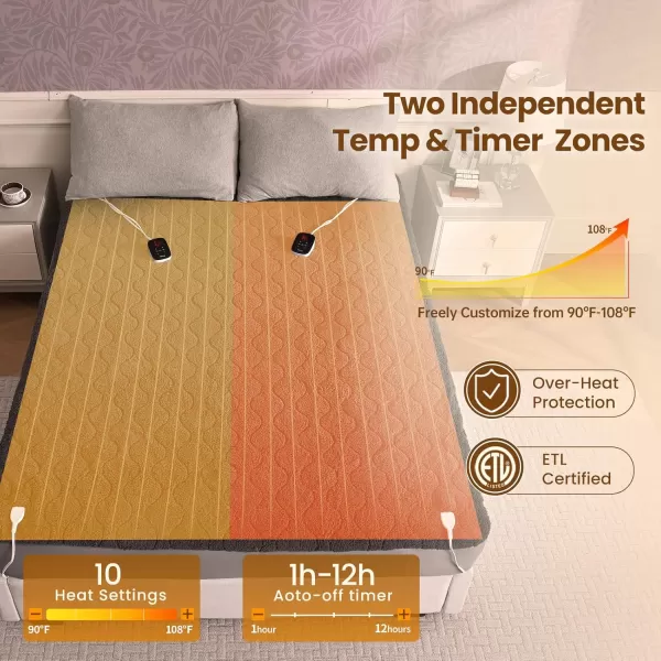 Bearhug Electric Heated Mattress Pads King Size Dual Controllers 7880 Waterproof Bed Warmer 21 Deep Pocket 10 Heat Settings 12Hour Timer Machine Washable WhiteGray Sherpa
