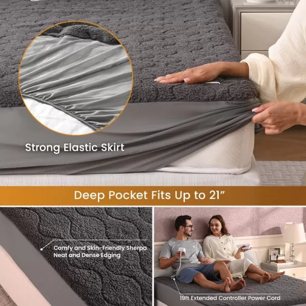 Bearhug Electric Heated Mattress Pads King Size Dual Controllers 7880 Waterproof Bed Warmer 21 Deep Pocket 10 Heat Settings 12Hour Timer Machine Washable WhiteGray Sherpa
