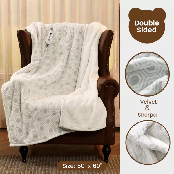 Bearhug Electric Throw Blanket 50quot x 60quot Reversible Velvet ampamp Sherpa Heated Throw 6 Heating Levels ampamp 4H Auto Off OverHeat Protect ETL Certification Machine WashableSnow Gray Honeycomb