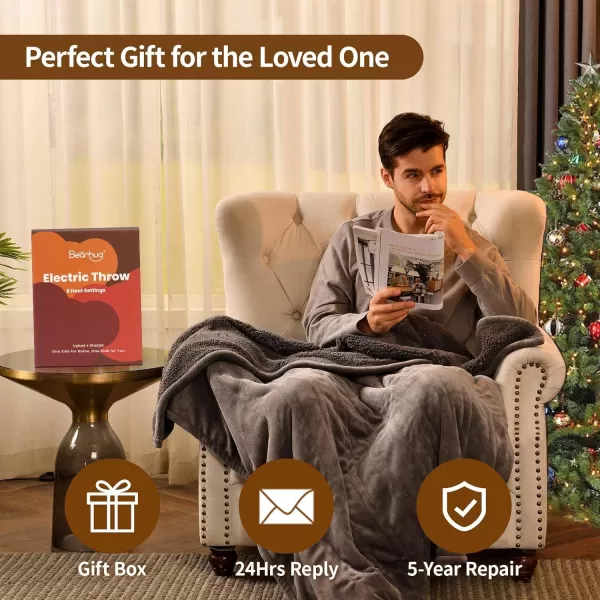 Bearhug Electric Throw Blanket 50quot x 60quot Reversible Velvet ampamp Sherpa Heated Throw 6 Heating Levels ampamp 4H Auto Off OverHeat Protect ETL Certification Machine WashableGrayvelvet  Sherpa