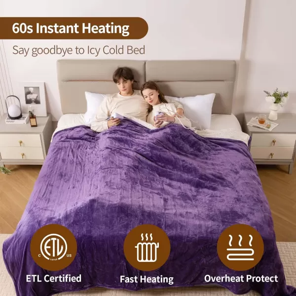 Bearhug Electric Throw Blanket 50quot x 60quot Reversible Velvet ampamp Sherpa Heated Throw 6 Heating Levels ampamp 4H Auto Off OverHeat Protect ETL Certification Machine WashablePurplevelvet  Sherpa