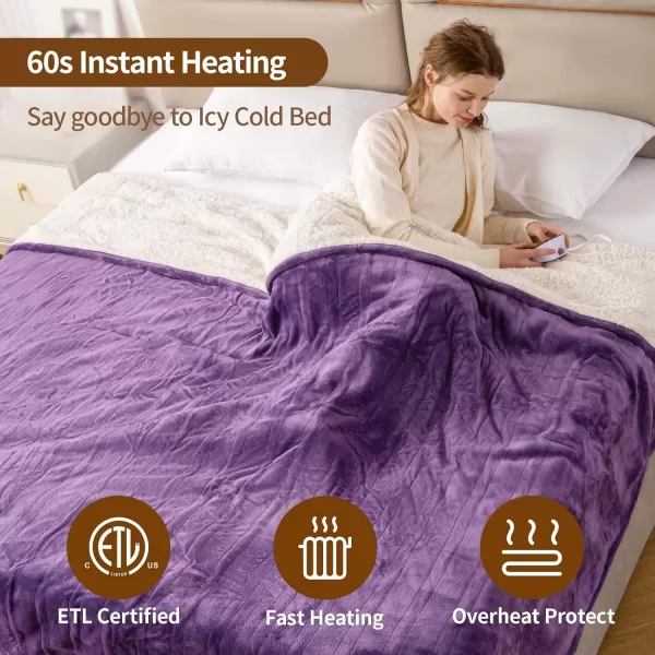 Bearhug Electric Throw Blanket 50quot x 60quot Reversible Velvet ampamp Sherpa Heated Throw 6 Heating Levels ampamp 4H Auto Off OverHeat Protect ETL Certification Machine WashablePurplevelvet  Sherpa