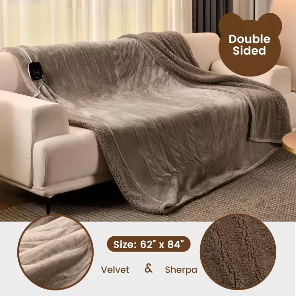 Bearhug Electric Throw Blanket 50quot x 60quot Reversible Velvet ampamp Sherpa Heated Throw 6 Heating Levels ampamp 4H Auto Off OverHeat Protect ETL Certification Machine WashableTaupevelvet  Sherpa