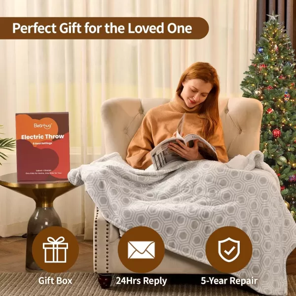 Bearhug Electric Throw Blanket 50quot x 60quot Reversible Velvet ampamp Sherpa Heated Throw 6 Heating Levels ampamp 4H Auto Off OverHeat Protect ETL Certification Machine WashableSnow Gray Honeycomb