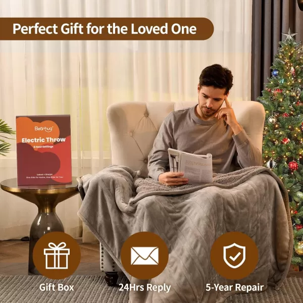 Bearhug Electric Throw Blanket 50quot x 60quot Reversible Velvet ampamp Sherpa Heated Throw 6 Heating Levels ampamp 4H Auto Off OverHeat Protect ETL Certification Machine WashableTaupevelvet  Sherpa
