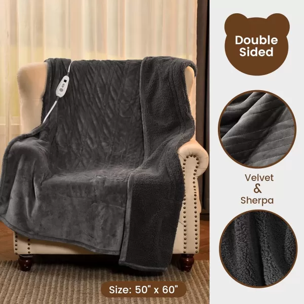 Bearhug Electric Throw Blanket 50quot x 60quot Reversible Velvet ampamp Sherpa Heated Throw 6 Heating Levels ampamp 4H Auto Off OverHeat Protect ETL Certification Machine WashableGrayvelvet  Sherpa