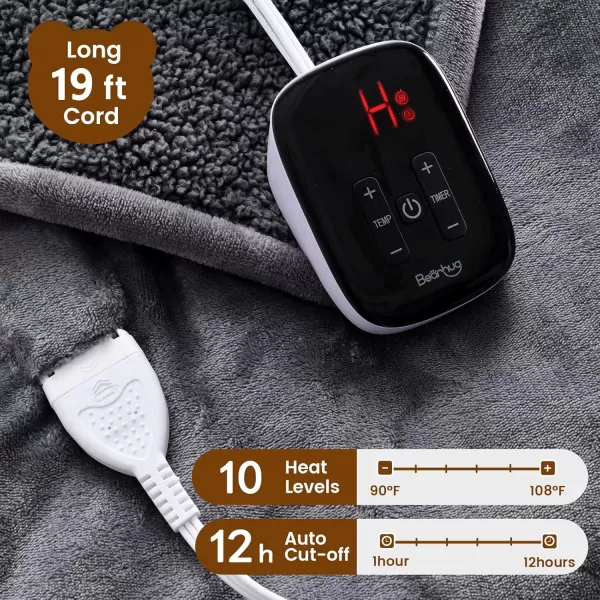 Bearhug Electric Throw Blanket 50quot x 60quot Reversible Velvet ampamp Sherpa Heated Throw 6 Heating Levels ampamp 4H Auto Off OverHeat Protect ETL Certification Machine WashableGrayvelvet  Sherpa