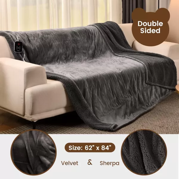Bearhug Electric Throw Blanket 50quot x 60quot Reversible Velvet ampamp Sherpa Heated Throw 6 Heating Levels ampamp 4H Auto Off OverHeat Protect ETL Certification Machine WashableGrayvelvet  Sherpa