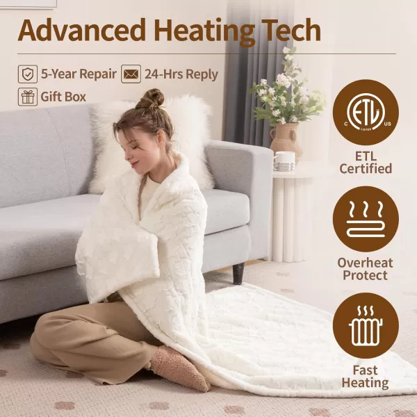 Bearhug Heated Throw Blanket 50quot60quot Electric Throw Grey Flower Patterns Faux Fur ampamp Warm Sherpa 4h AutoOff Timer ampamp 6 Heating LevelsETL Certified Machine Washable Gift BoxWhite Cloud