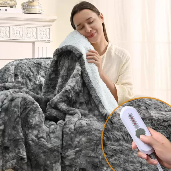 Bearhug Heated Throw Blanket 50quot60quot Electric Throw Grey Flower Patterns Faux Fur ampamp Warm Sherpa 4h AutoOff Timer ampamp 6 Heating LevelsETL Certified Machine Washable Gift BoxMarble Grey