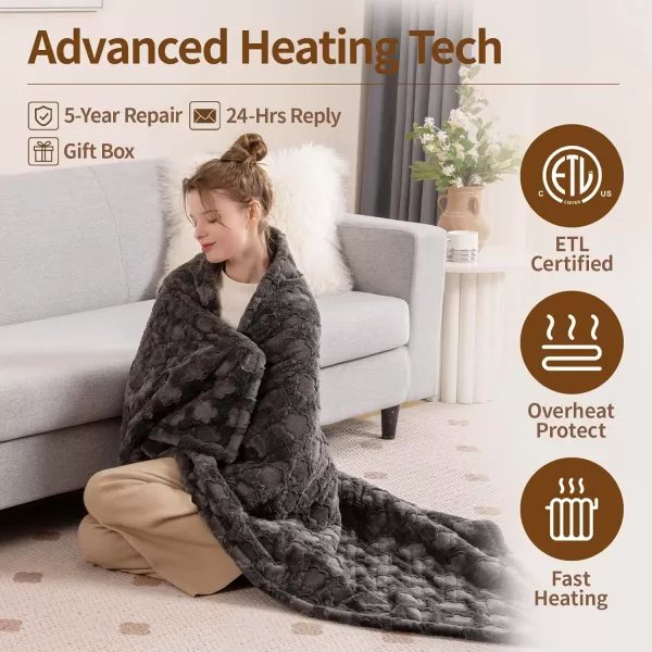 Bearhug Heated Throw Blanket 50quot60quot Electric Throw Grey Flower Patterns Faux Fur ampamp Warm Sherpa 4h AutoOff Timer ampamp 6 Heating LevelsETL Certified Machine Washable Gift BoxGrey Cloud