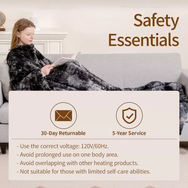 Bearhug Wearable Heated Blanket with Foot Pockets ampamp Sleeves  Faux Fur ampamp Sherpa Heated Snuggle Blanket for Bed ampamp Sofa 6 Heating Levels 4H AutoOff ETL Certified Machine Washable 50  70quot18quotMarble Black With Sleeves