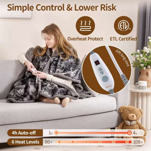 Bearhug Wearable Heated Blanket with Foot Pockets ampamp Sleeves  Faux Fur ampamp Sherpa Heated Snuggle Blanket for Bed ampamp Sofa 6 Heating Levels 4H AutoOff ETL Certified Machine Washable 50  70quot18quotMarble Black With Hoodie