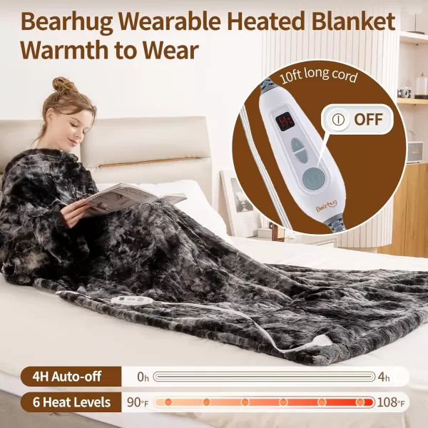 Bearhug Wearable Heated Blanket with Foot Pockets ampamp Sleeves  Faux Fur ampamp Sherpa Heated Snuggle Blanket for Bed ampamp Sofa 6 Heating Levels 4H AutoOff ETL Certified Machine Washable 50  70quot18quotMarble Black With Sleeves