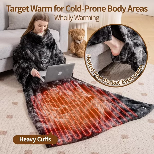 Bearhug Wearable Heated Blanket with Foot Pockets ampamp Sleeves  Faux Fur ampamp Sherpa Heated Snuggle Blanket for Bed ampamp Sofa 6 Heating Levels 4H AutoOff ETL Certified Machine Washable 50  70quot18quotMarble Black With Sleeves
