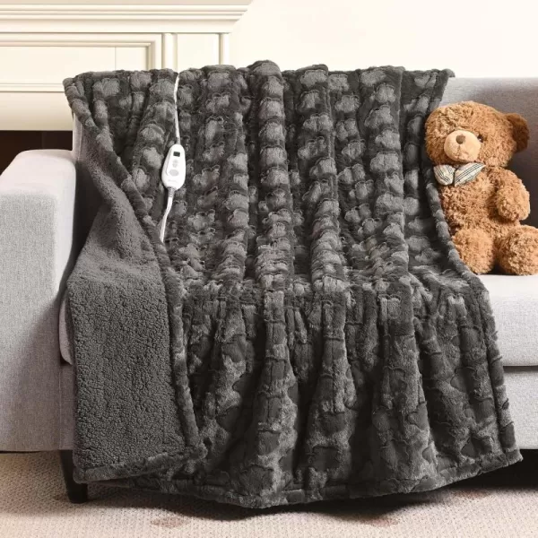 Bearhug Heated Throw Blanket 50quot60quot Electric Throw Grey Flower Patterns Faux Fur ampamp Warm Sherpa 4h AutoOff Timer ampamp 6 Heating LevelsETL Certified Machine Washable Gift BoxGrey Cloud